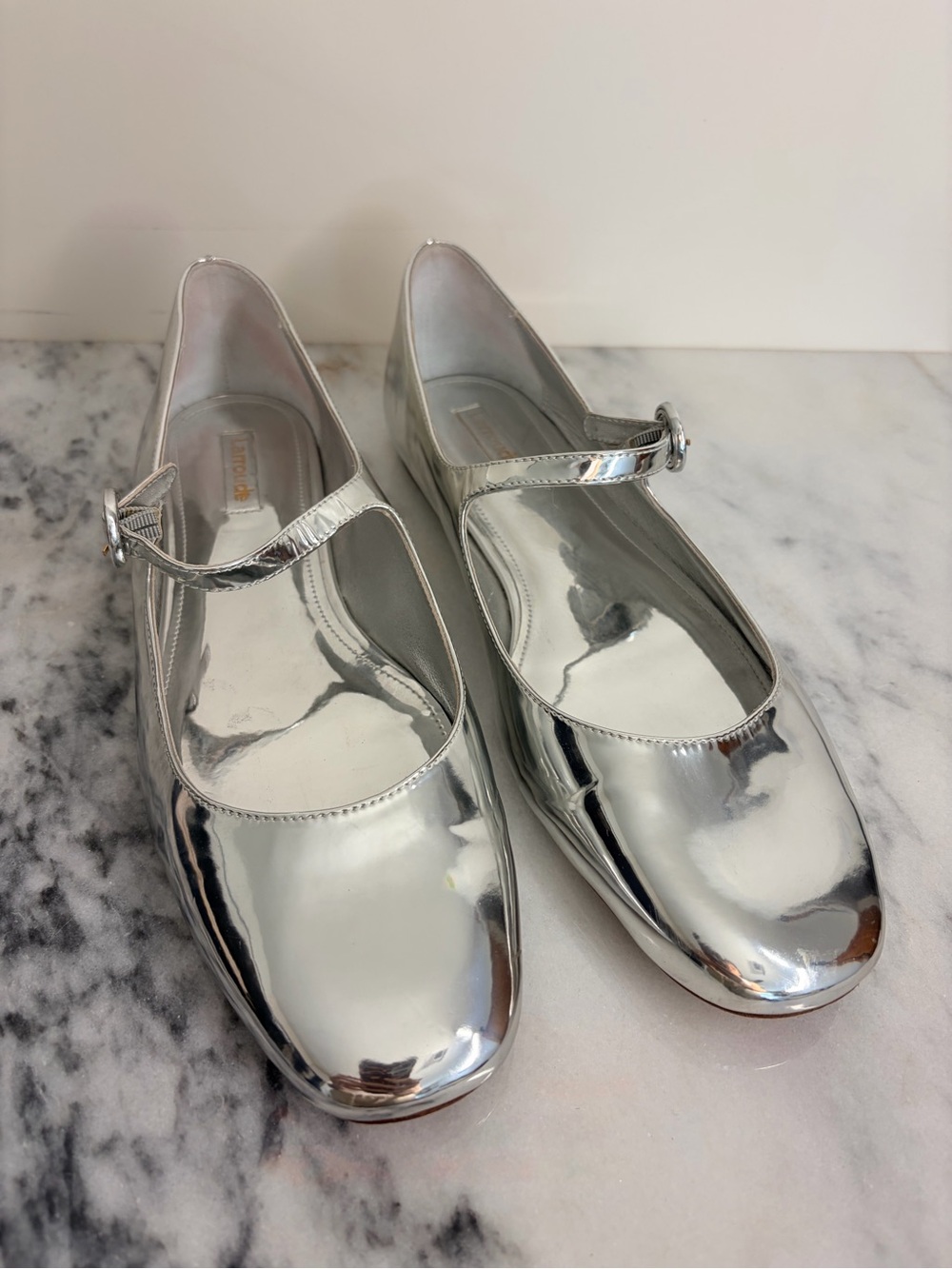 Larroude Chrome Silver Mary Jane Flats | 11